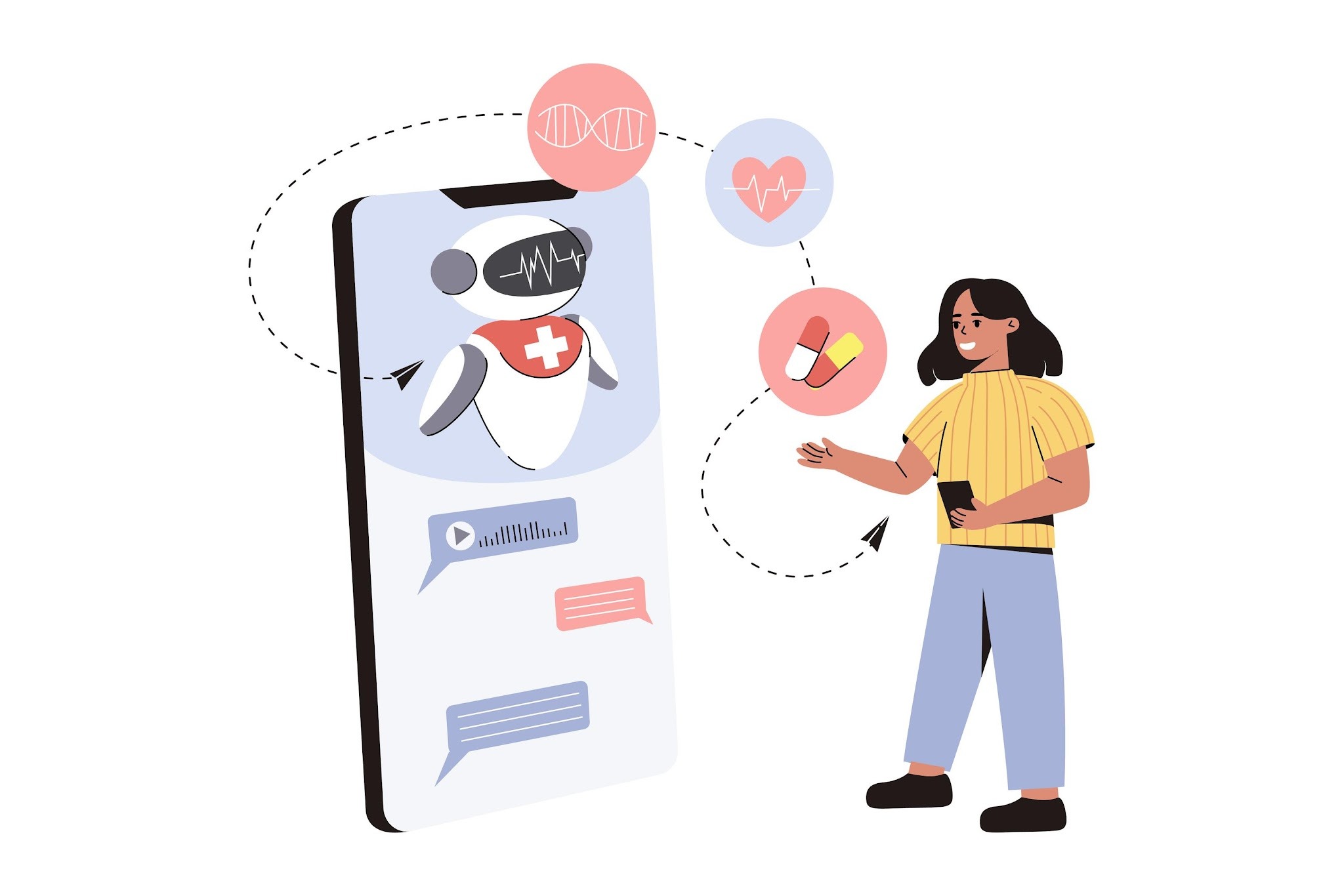 Illustration einer jungen Frau, die über ihr Smartphone mit einem medizinischen KI-Roboter chattet, umgeben von Gesundheitssymbolen.