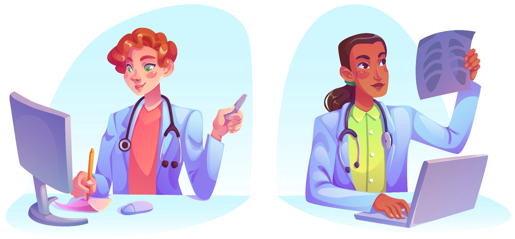 Illustration von zwei Ärztinnen, die einen Befund austellen, damit man bei psyhelp einen Termin beantragen kann
