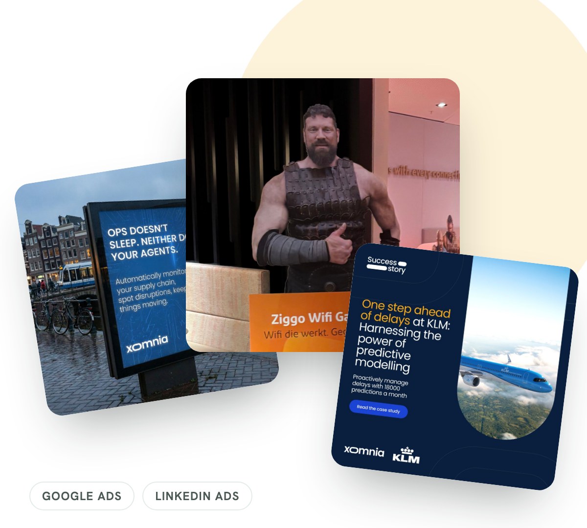 Three Xomnia ad creatives: a thought-leadership post, a digital billboard and the KLM predictive modelling success story