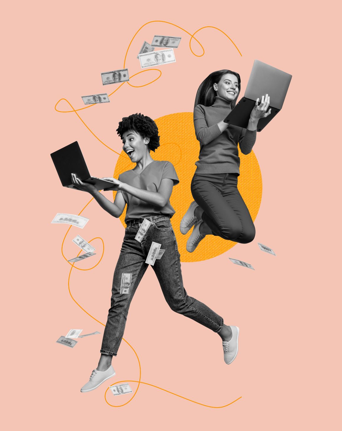 collage of two women jumping in the air with laptops in their arms and money flying