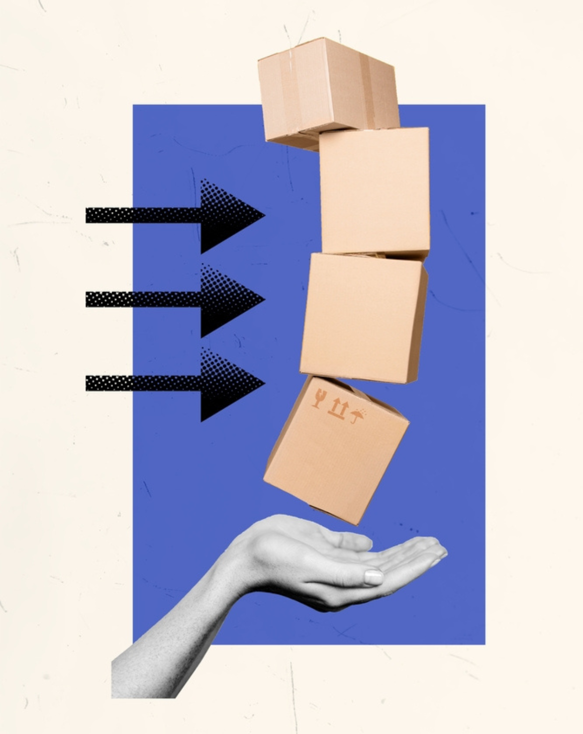 hand holding up 4 packaging stacked with arrows pointing