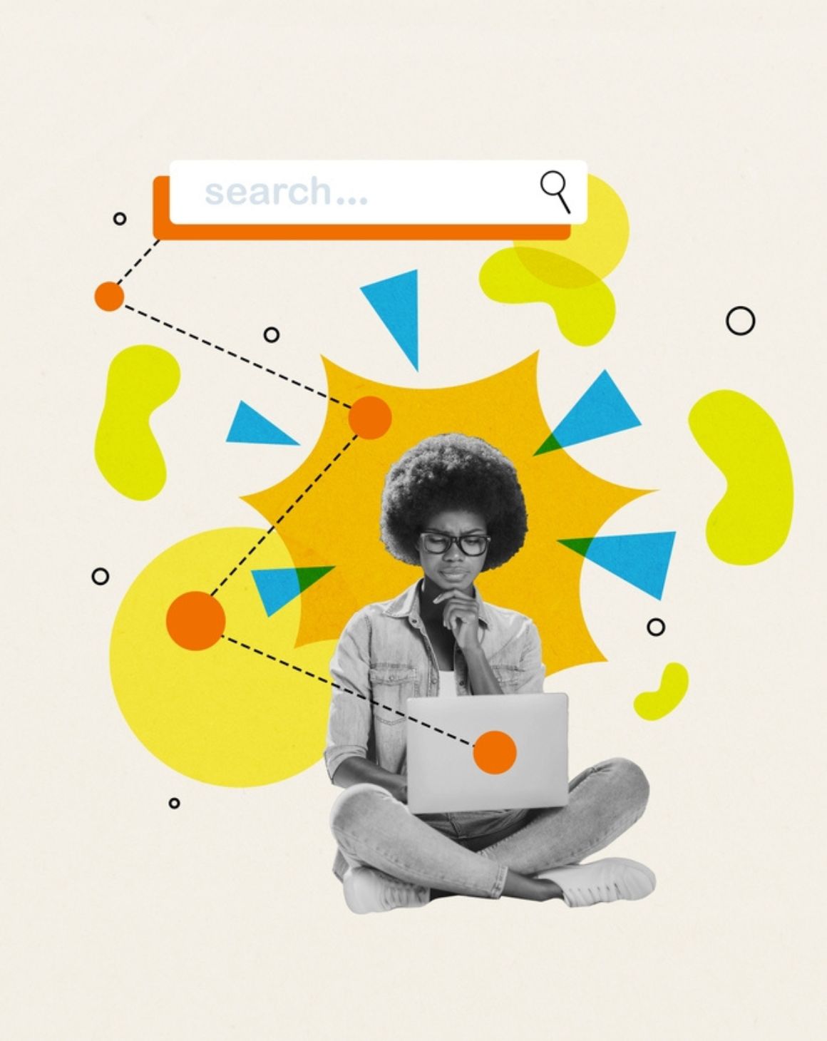 collage of woman sitting with laptop, search bar, and shapes
