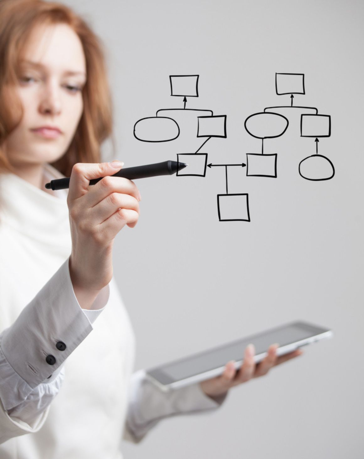 a woman with a tablet in hand shows a diagram