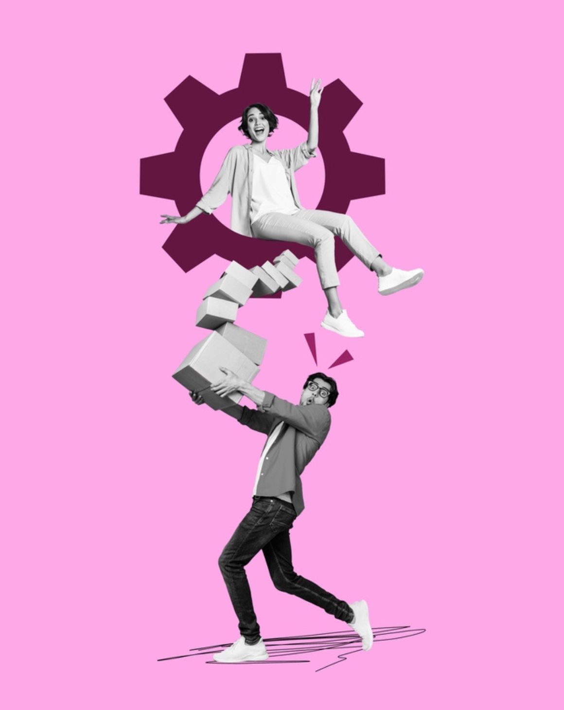 a man and woman are united in holding a gear wheel