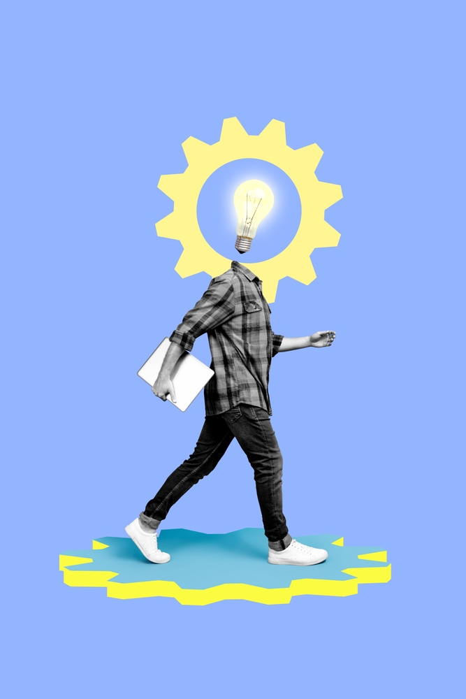 a man with a light bulb and gear icon on his head