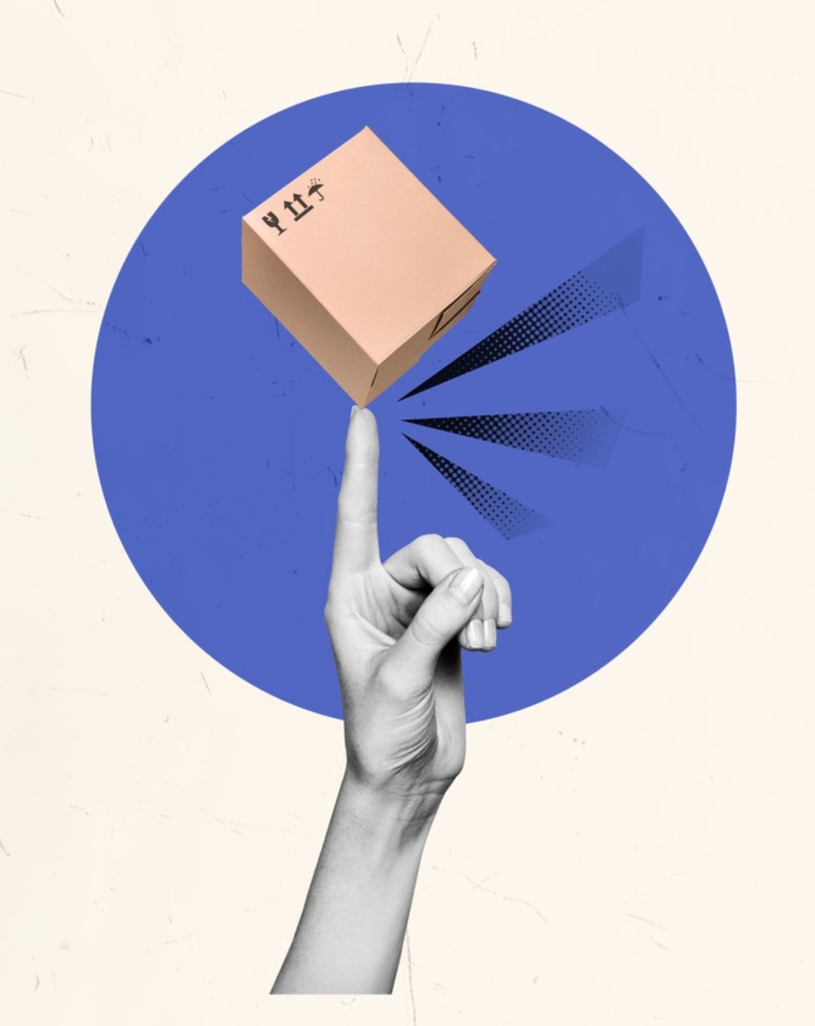 a hand pointing at a cardboard box