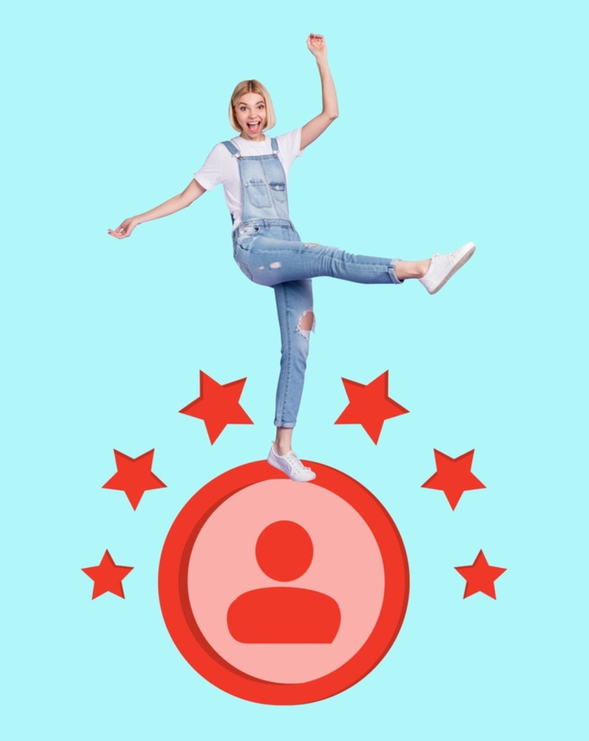 a woman stands confidently on a red circle adorned with five stars