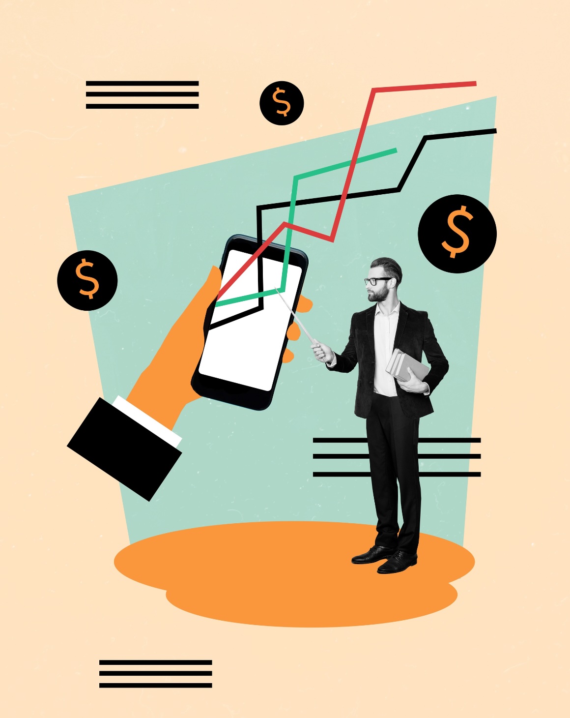 collage of a mobile phone with graphs, dollar signs, with a man holding books and pointing