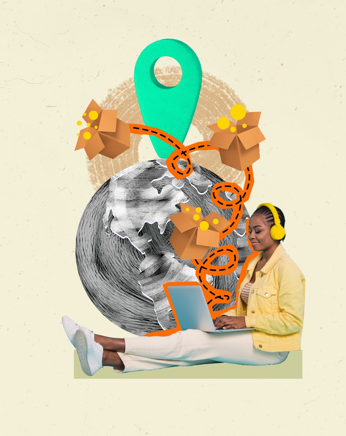 creative collage of woman on laptop, with globe in the background and cardboard boxes 