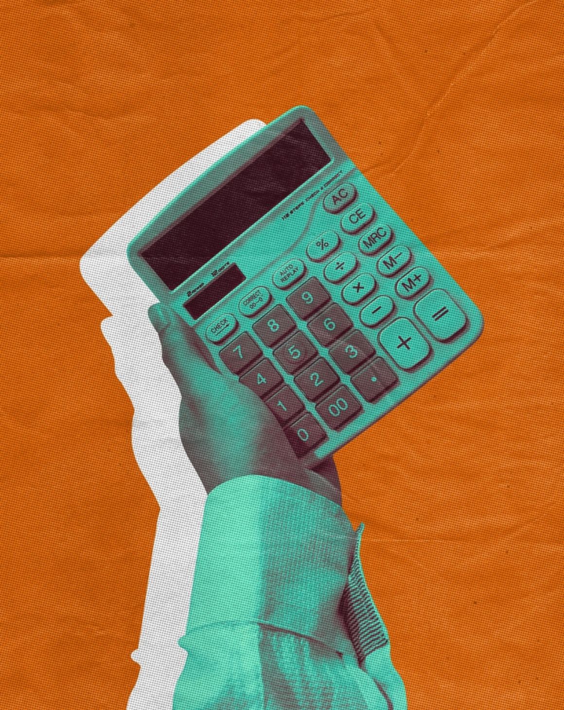 a hand holding a calculator against a vibrant orange background