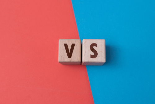 A red and blue fields with two wooden cubes with letters V and S for Walmart Brand Portal versus Amazon Brand Registry