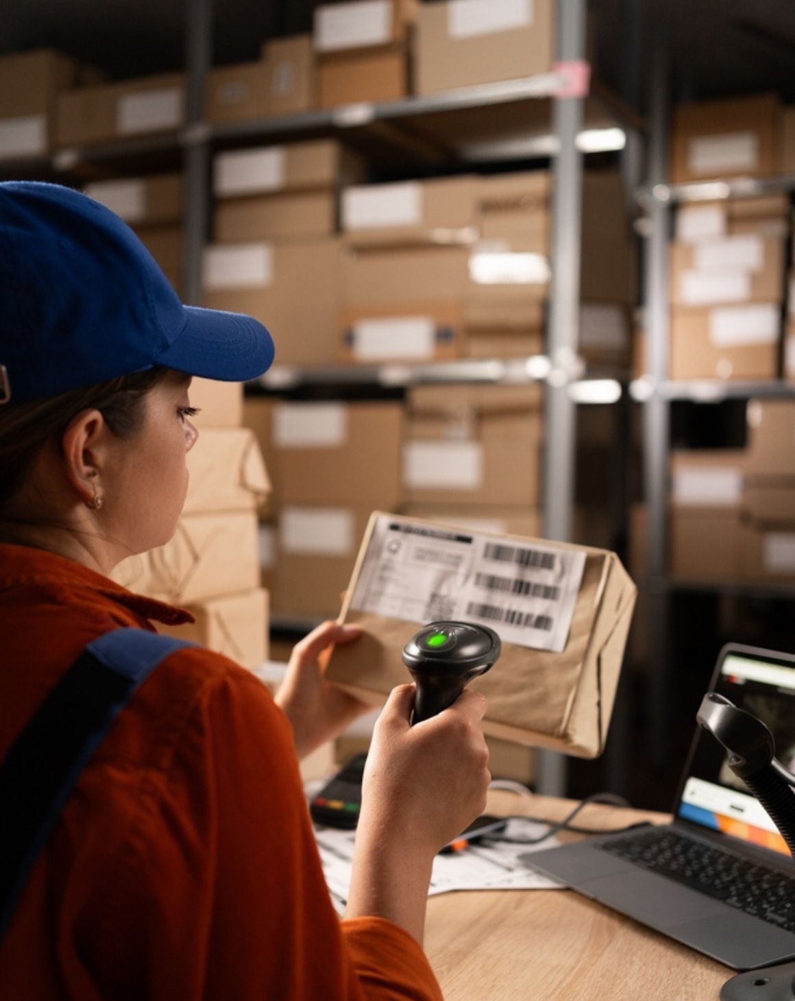 woman scans in a return in a warehouse setting