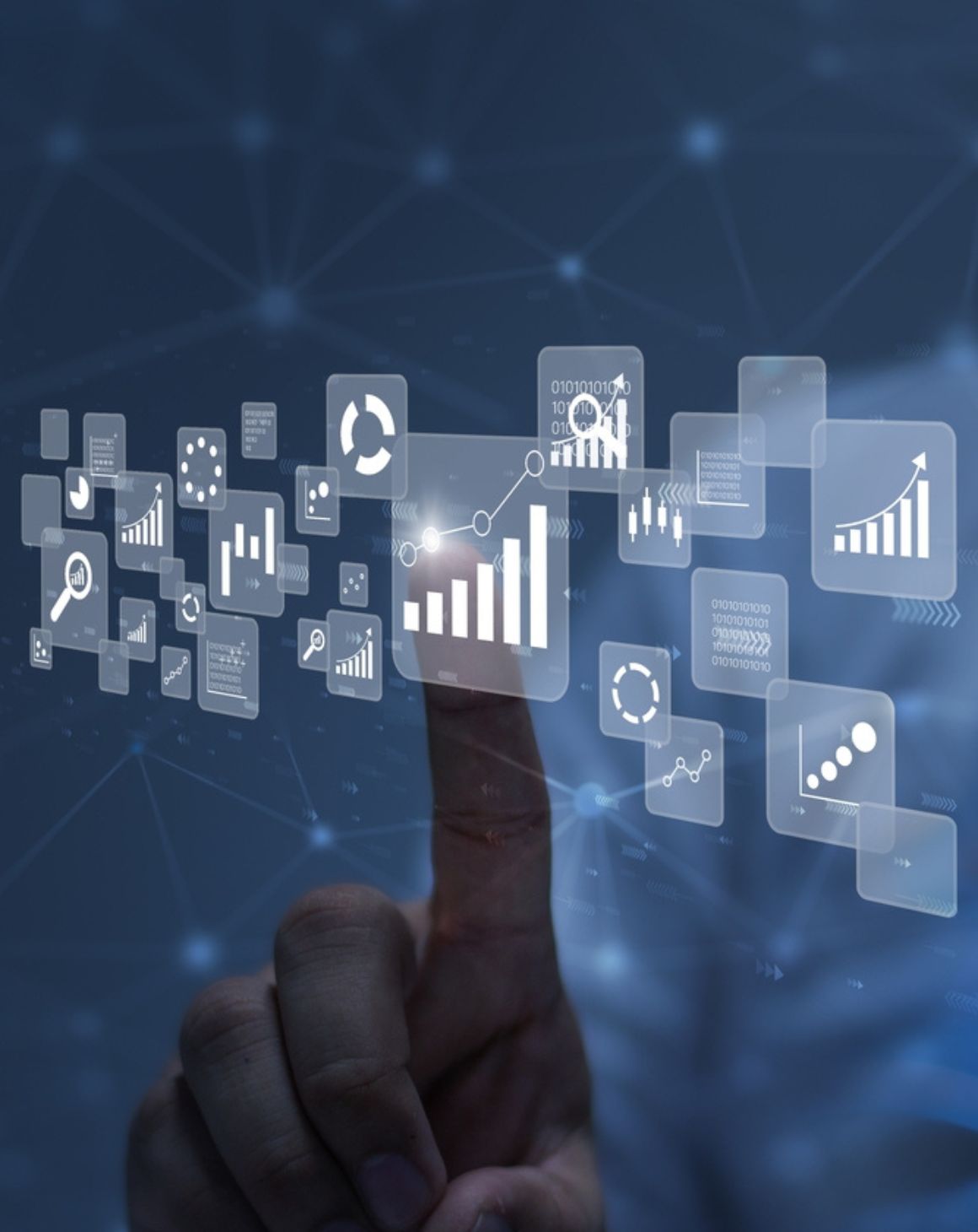 hand pointing to a graph within a dashboard surrounded by various data icons