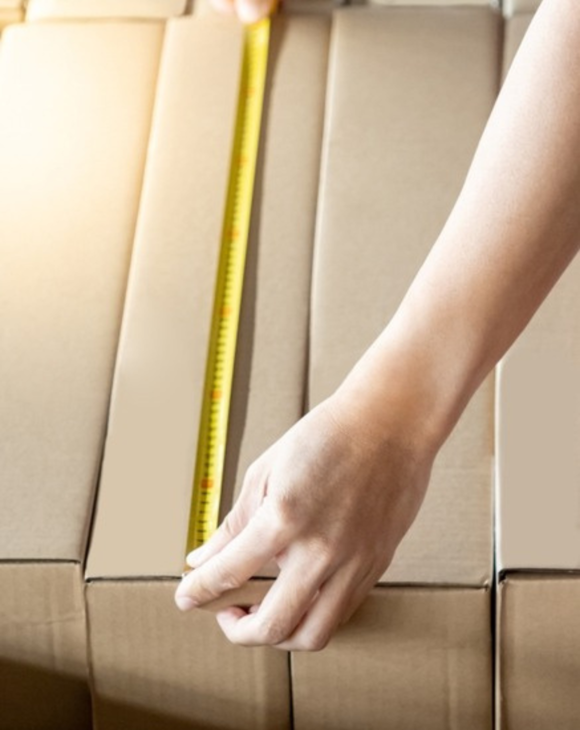 a person measuring cardboard boxes with a tape measure