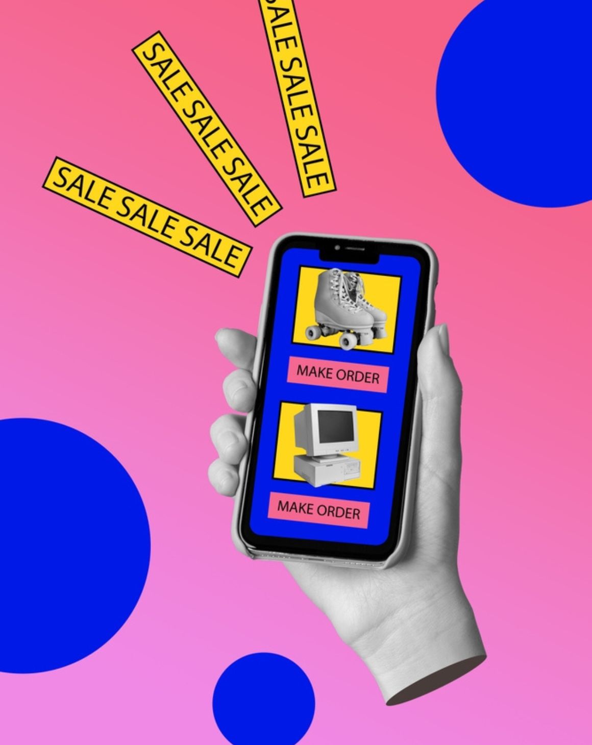 hand holds up a phone displaying an online shopping site