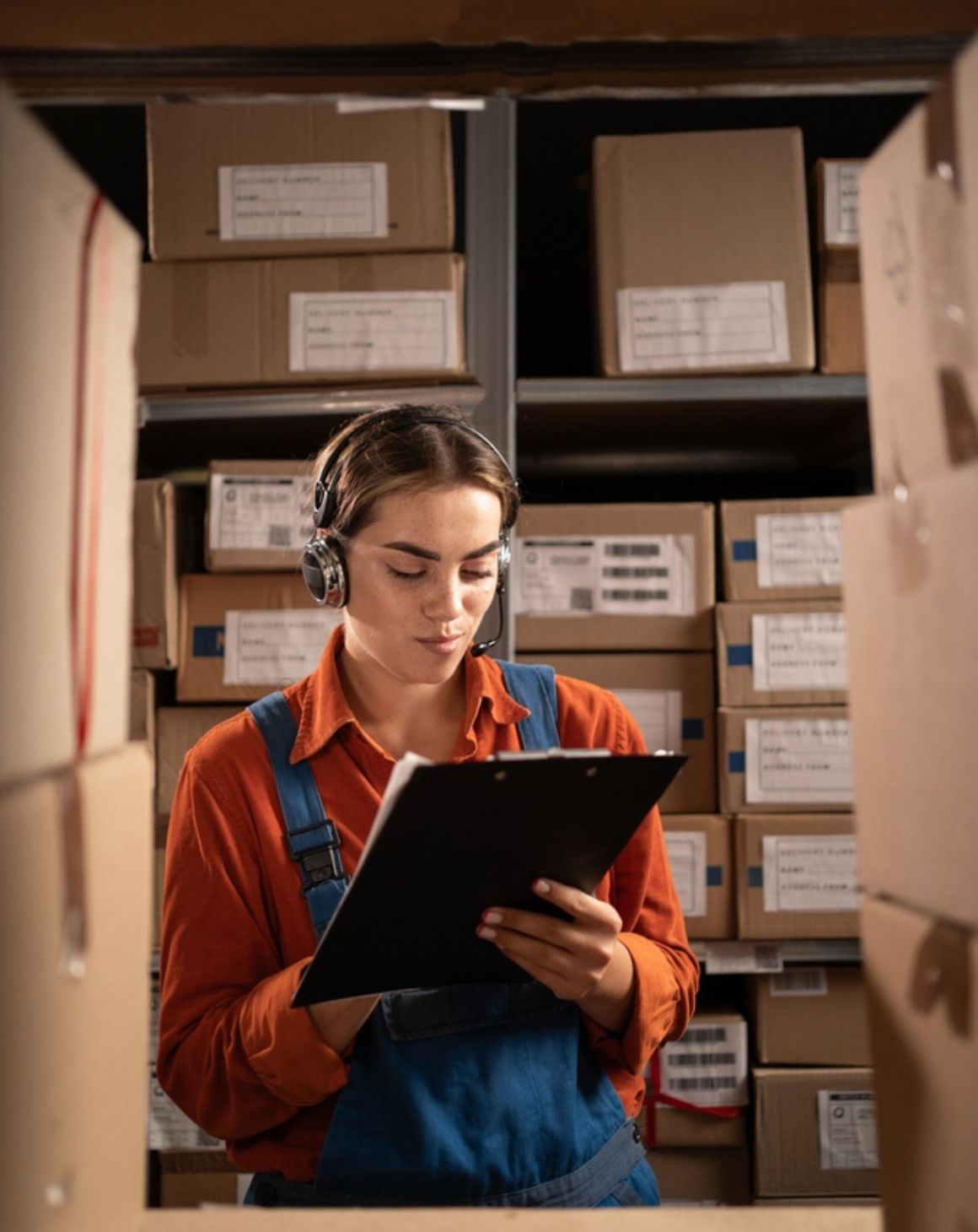 woman in a warehouse holds a clipboard