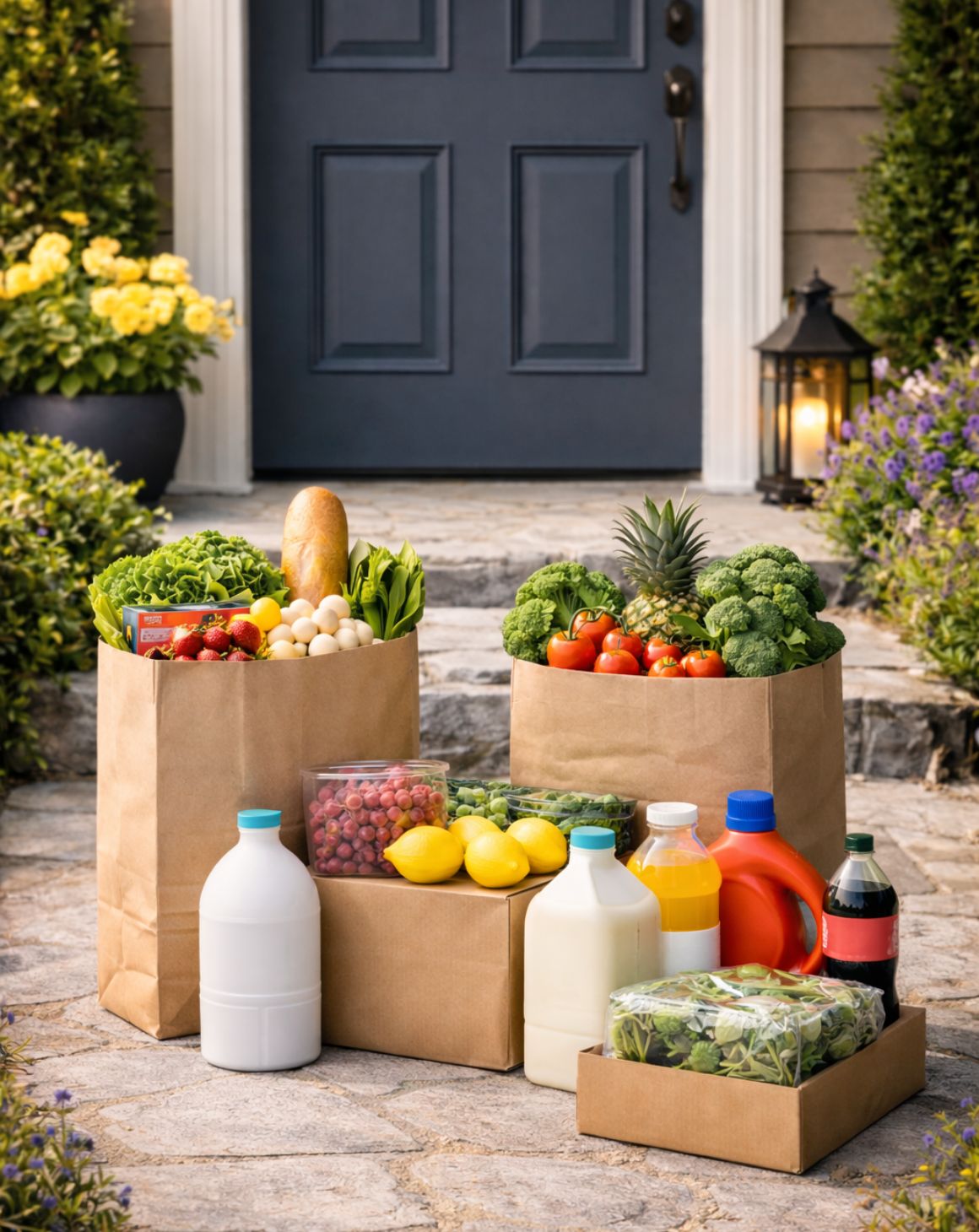 a groceries delivery of fresh product and household essentials sitting at a doorstep
