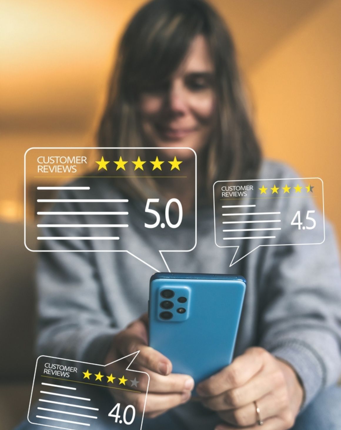 a woman holds a smartphone displaying five stars, symbolizing a high rating or positive feedback