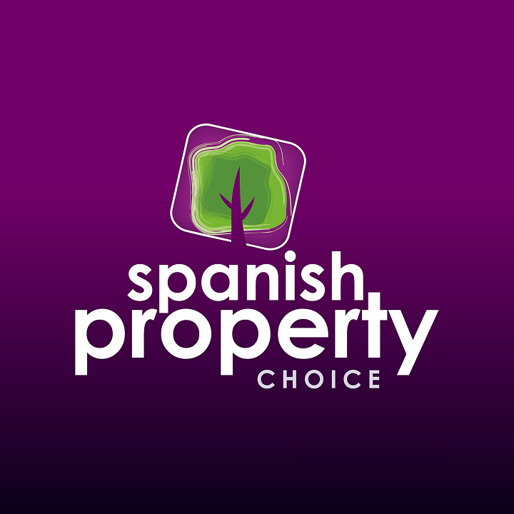 Logo with a stylized green tree inside a tilted square above the text 'spanish property choice' on a purple gradient background.
