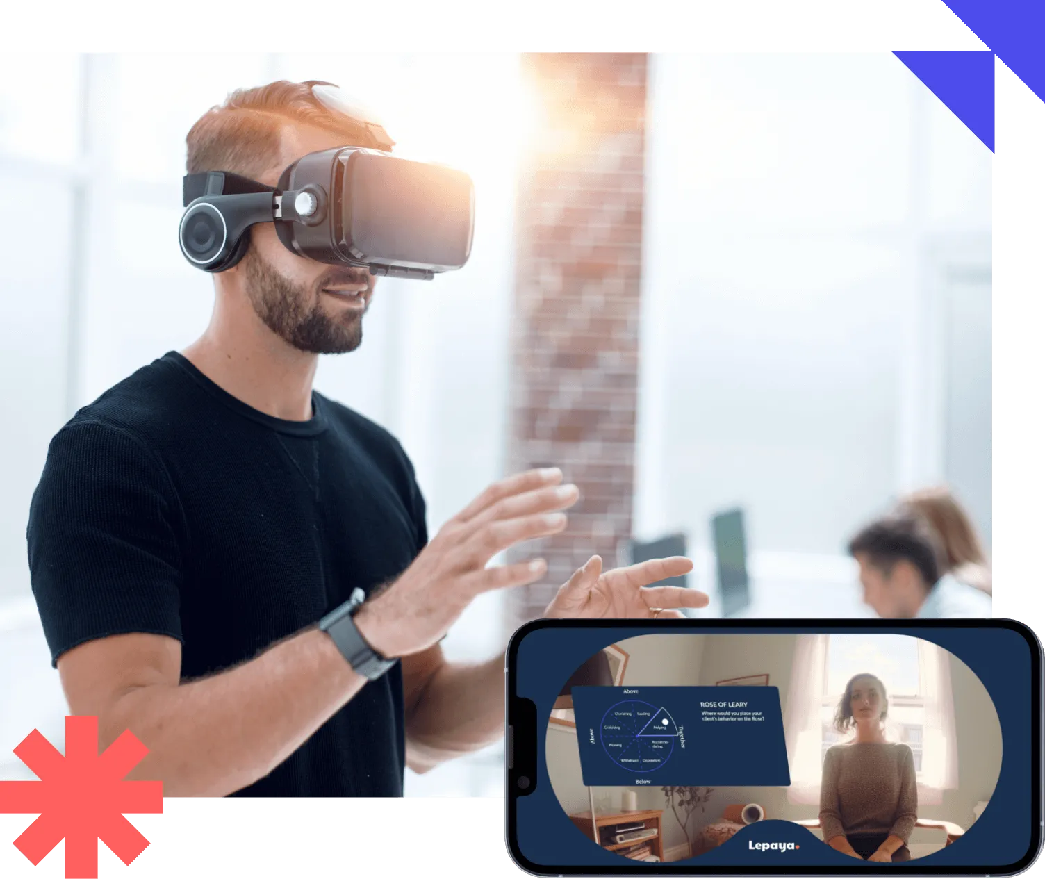 Man wearing virtual reality headset interacts with a digital interface, with an inset showing a woman on a video call displaying a diagram labeled 'Rose of Leary'.