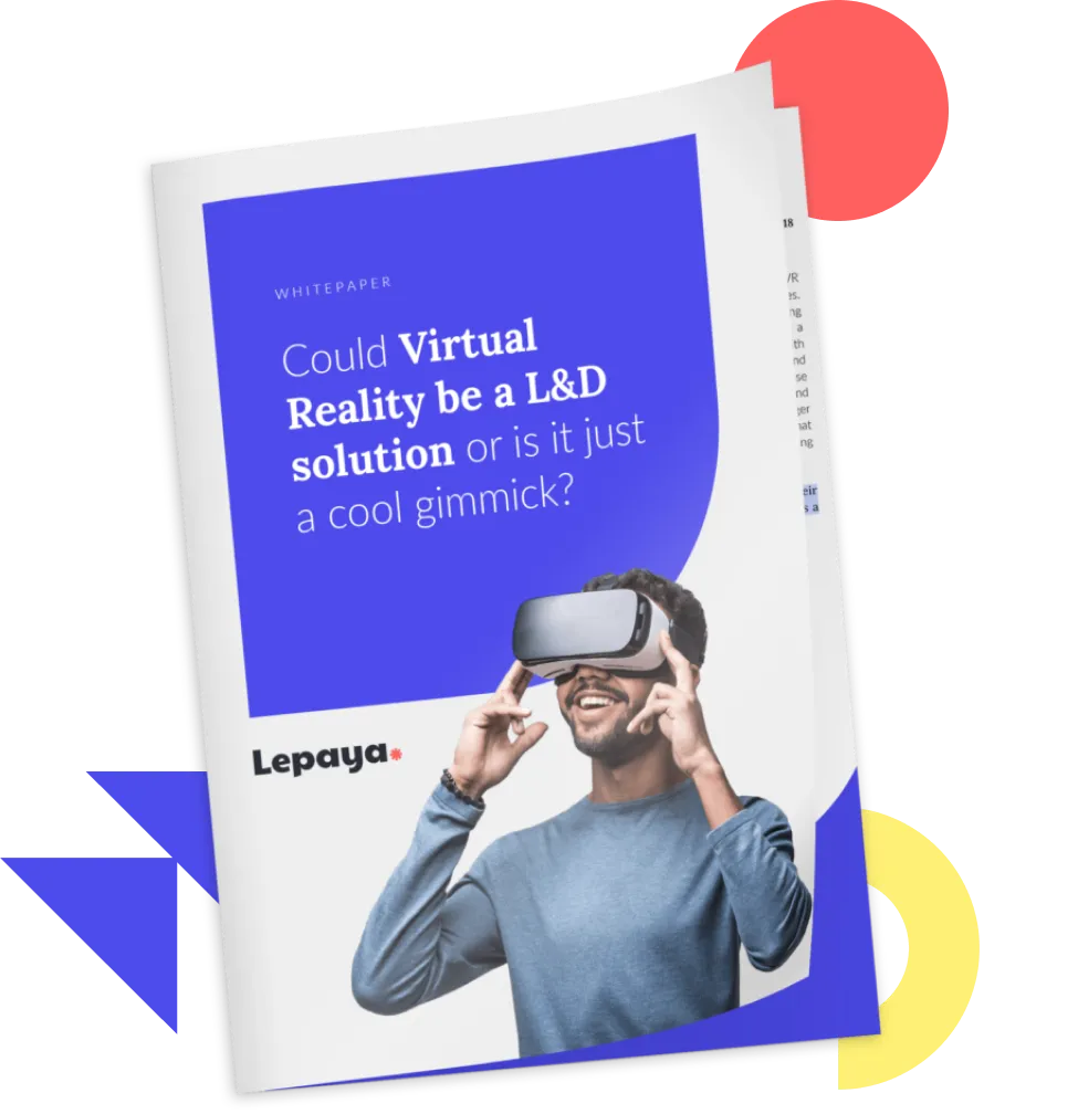 Whitepaper cover showing a man wearing a virtual reality headset with the title 'Could Virtual Reality be a L&D solution or is it just a cool gimmick?' and the Lepaya logo.