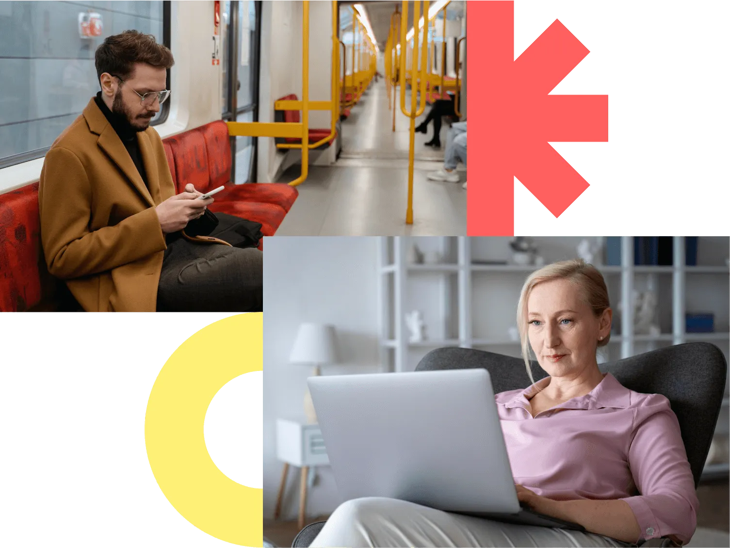 Man in brown coat sitting on a red train seat looking at his phone, and woman in pink blouse sitting on a gray chair using a laptop at home.