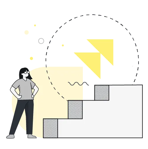 Illustration of a person with hands on hips looking at a set of ascending stairs with yellow geometric shapes in a dotted circular pattern above.