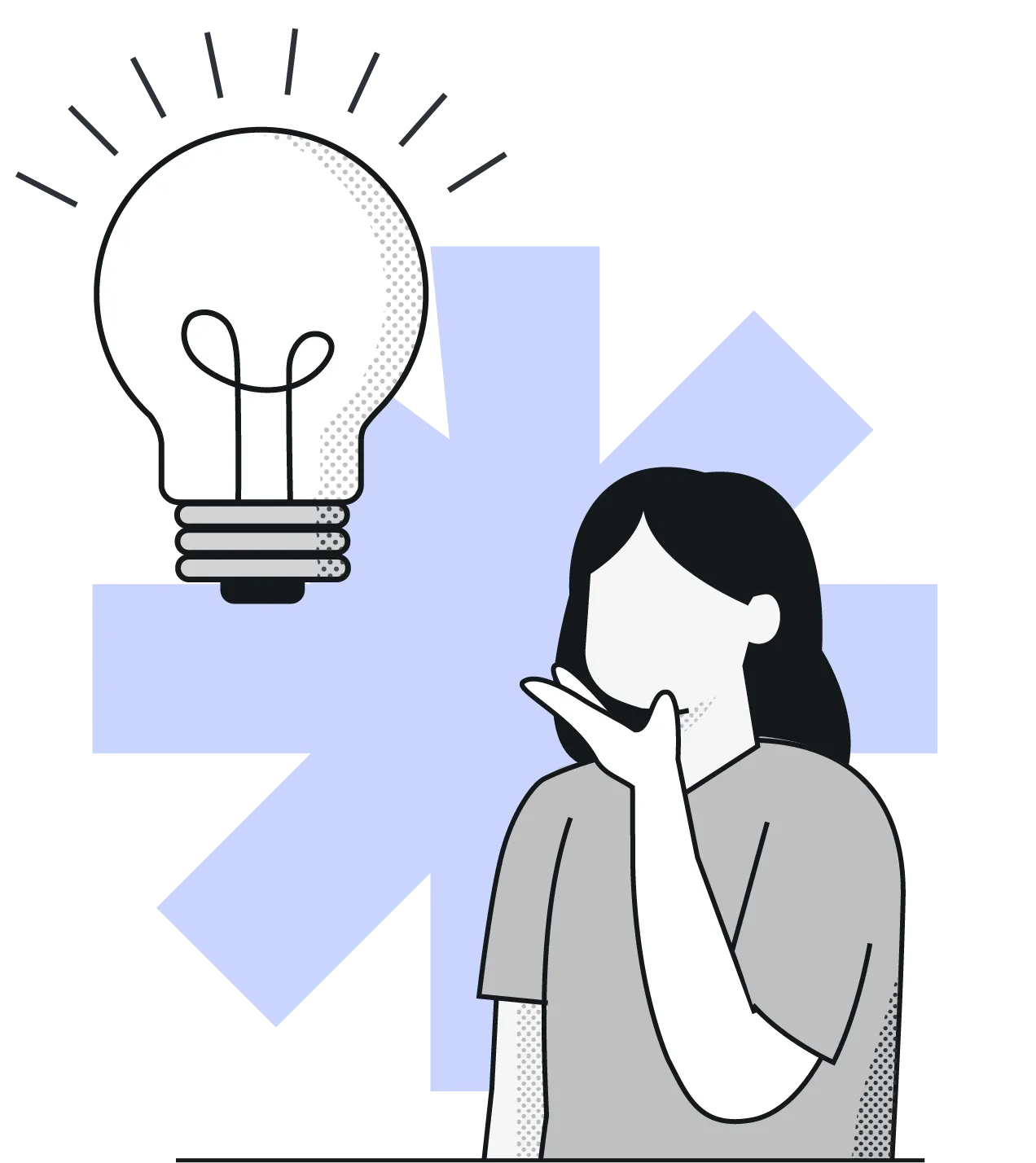 Illustration of a person gesturing thoughtfully with a glowing light bulb symbolizing an idea above their head.