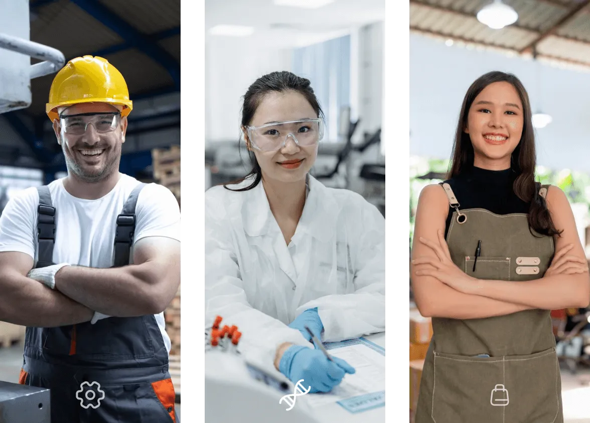 Three professionals: a smiling male construction worker wearing a yellow helmet and overalls, a female scientist in a white lab coat and safety glasses, and a female barista smiling with arms crossed in an apron.
