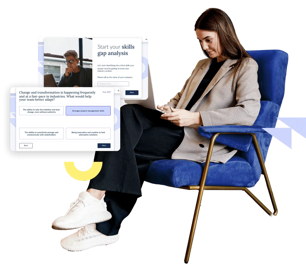 Woman seated in a blue armchair using a tablet with overlaid screens showing skills gap analysis and team adaptation survey questions.