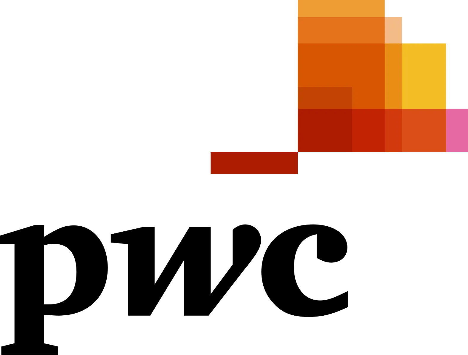 PwC logo with stacked orange, red, and yellow squares next to black PwC text.