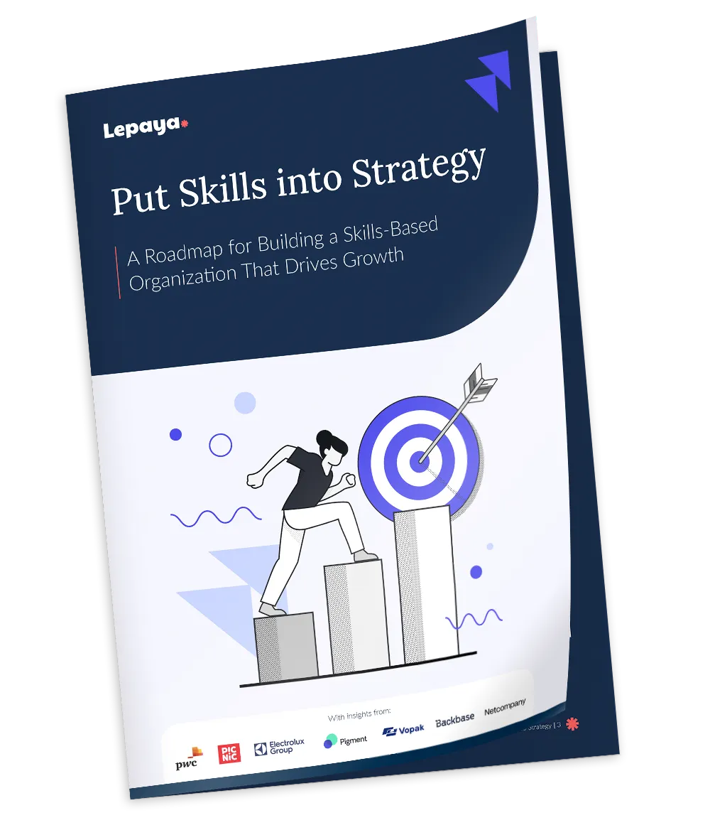 Cover of a guide titled 'Put Skills into Strategy' showing a person climbing bar chart steps toward a target with an arrow in the bullseye.