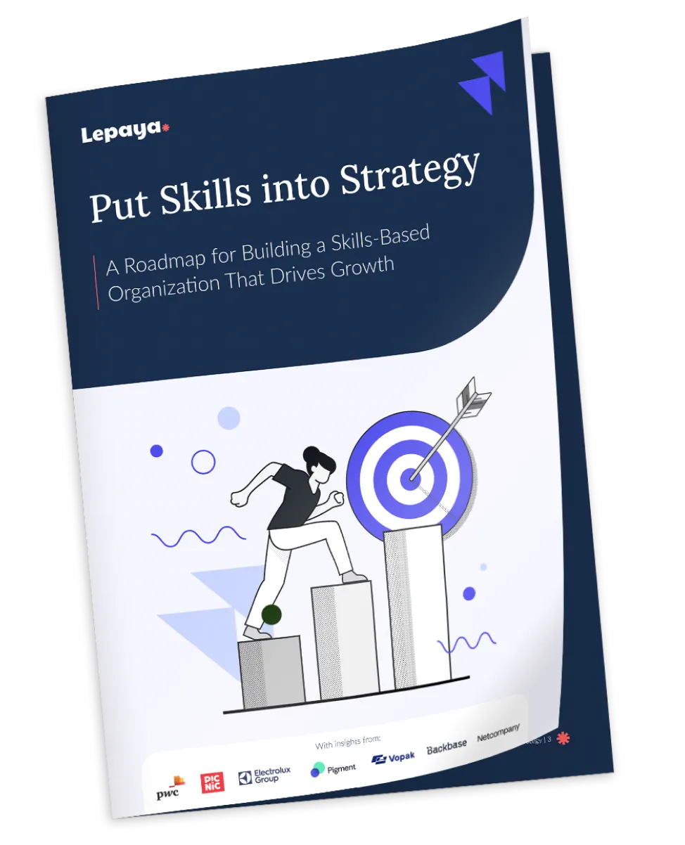 Cover of Lepaya report titled 'Put Skills into Strategy' with illustration of a person climbing bar chart steps toward a target with an arrow in the bullseye.