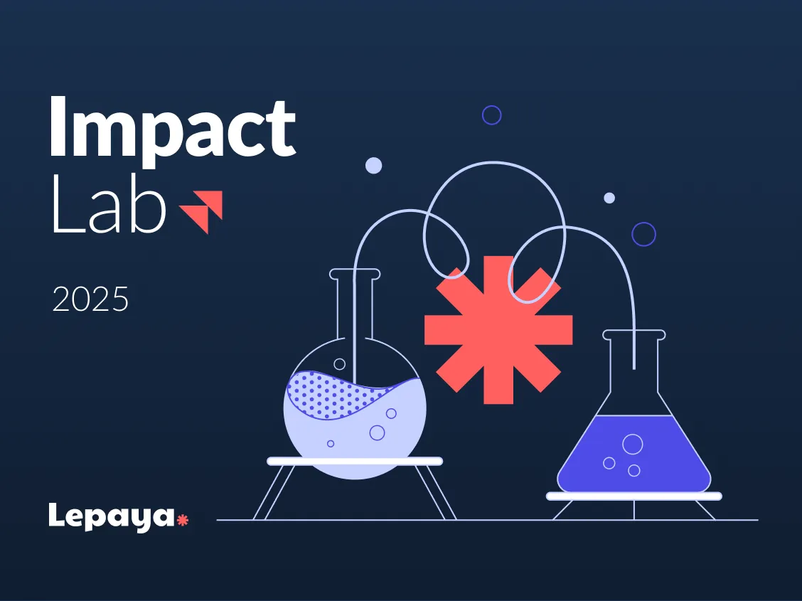 Graphic with the text 'Impact Lab 2025' and two laboratory flasks connected by a red asterisk symbol, with the Lepaya logo in the bottom left corner.