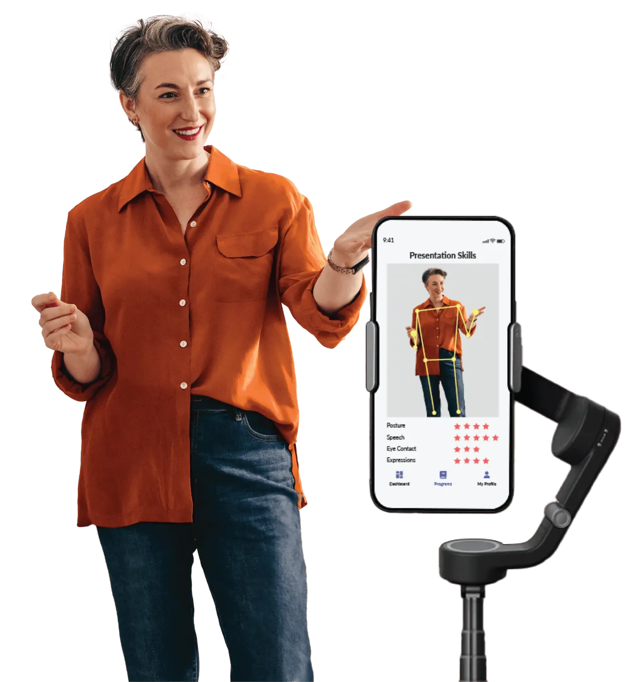 Woman in orange shirt demonstrating presentation skills with a smartphone on a tripod showing a skills analysis app.