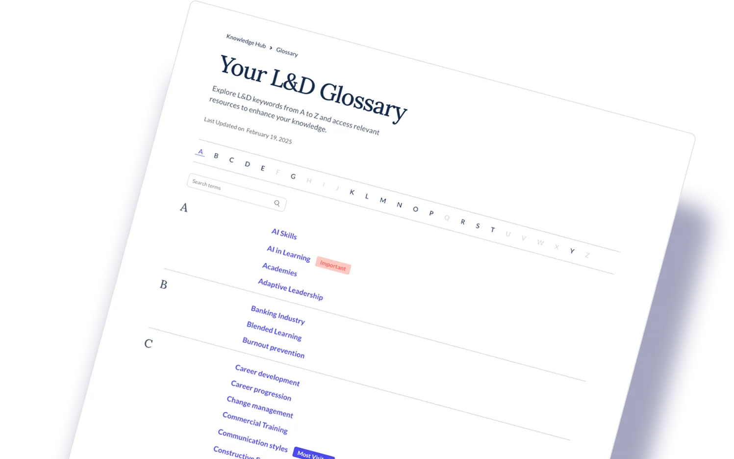 Webpage titled 'Your L&D Glossary' featuring an alphabetical list of learning and development terms with a search bar at the top.