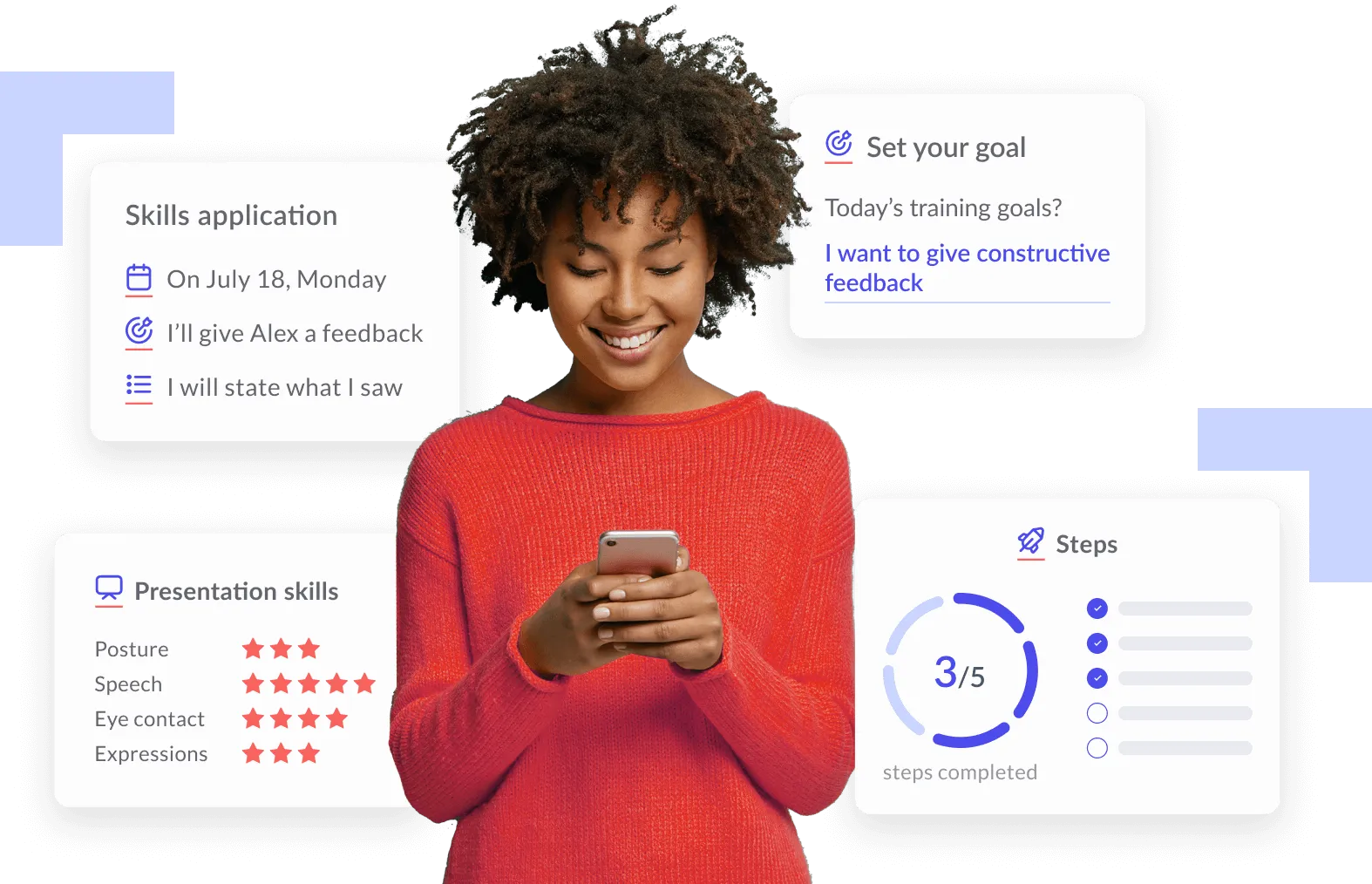 Smiling woman in a red sweater looking at her smartphone, surrounded by training goal and skills application panels with presentation skills ratings and progress steps.