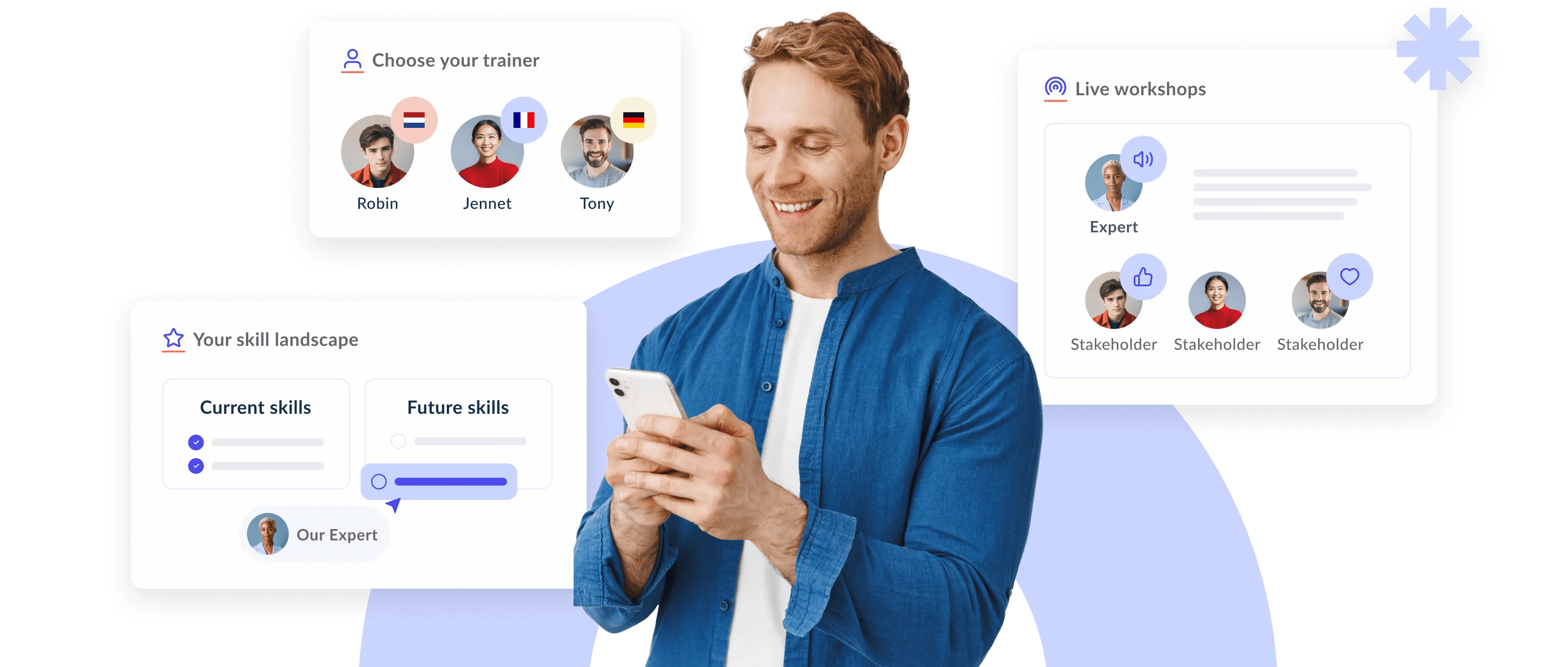 Smiling man in blue shirt looking at his smartphone surrounded by interface panels for choosing a trainer, live workshops, and skill landscape selection.