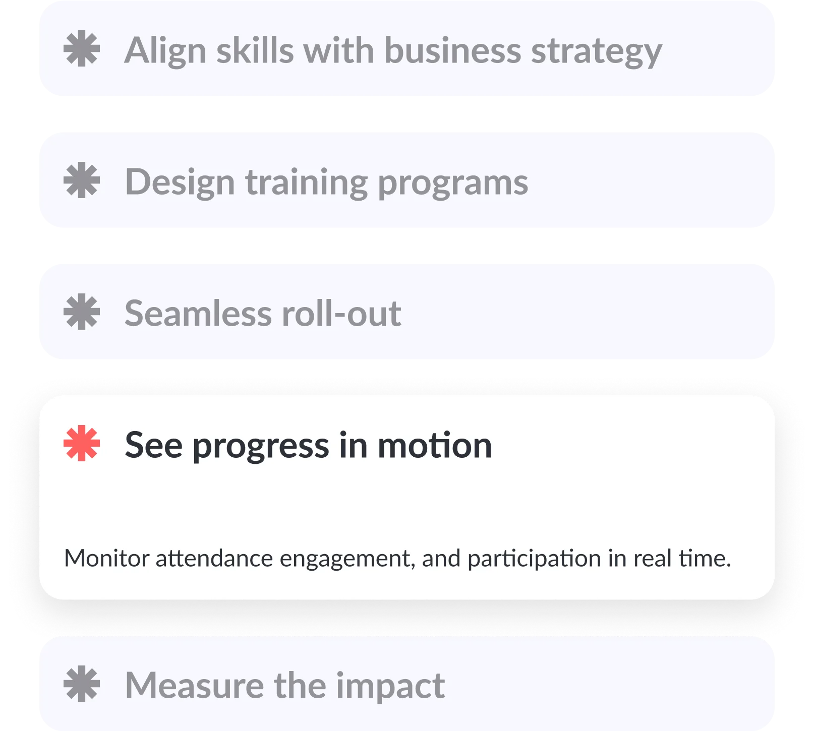 A list of business goals: Align skills with business strategy, Design training programs, Seamless roll-out, See progress in motion with a description about monitoring attendance engagement and participation, and Measure the impact.