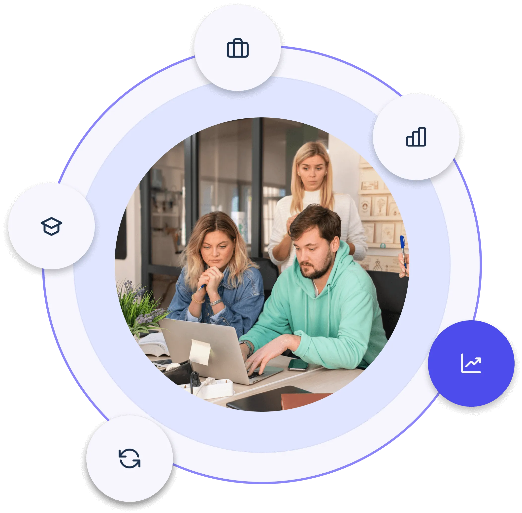 Three people collaborating around a laptop in an office, surrounded by circular icons representing business, education, and growth.