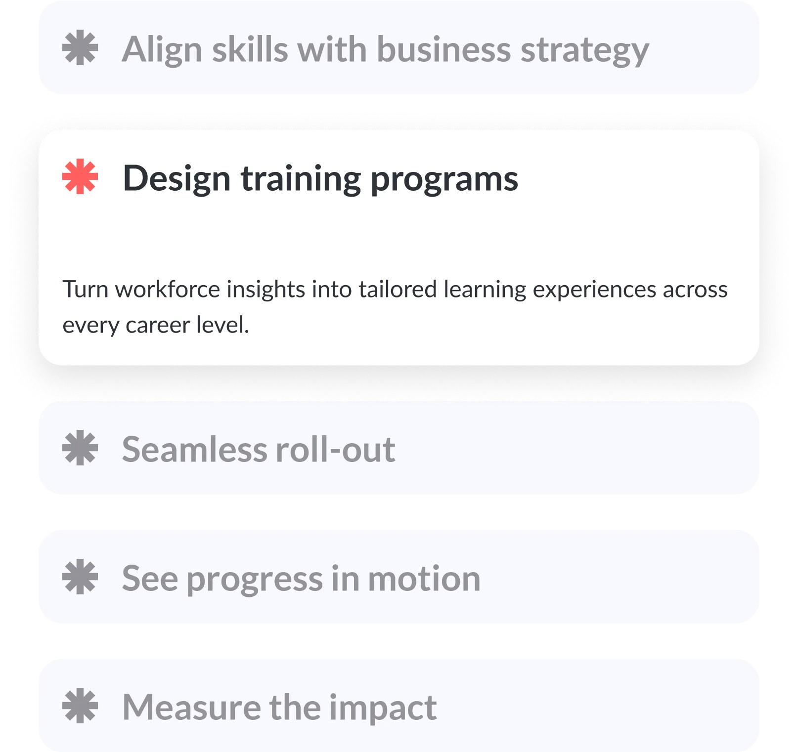 List of four business strategy topics with one expanded: Design training programs with tailored learning experiences across career levels.