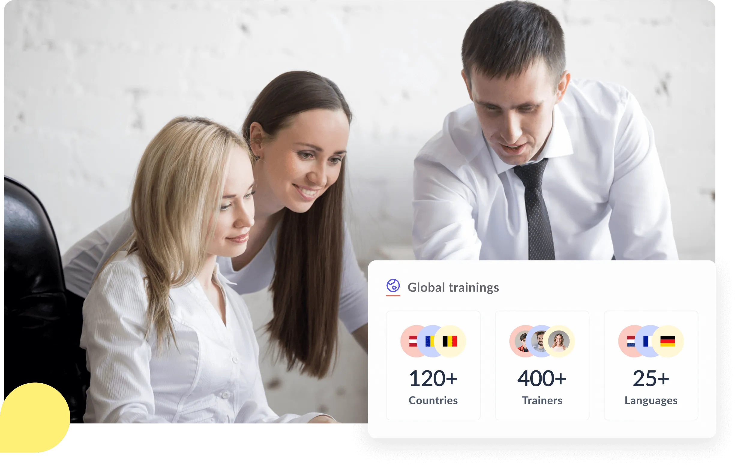 Three professionals collaborating and reviewing a screen with a graphic showing global training stats: 120+ countries, 400+ trainers, 25+ languages.