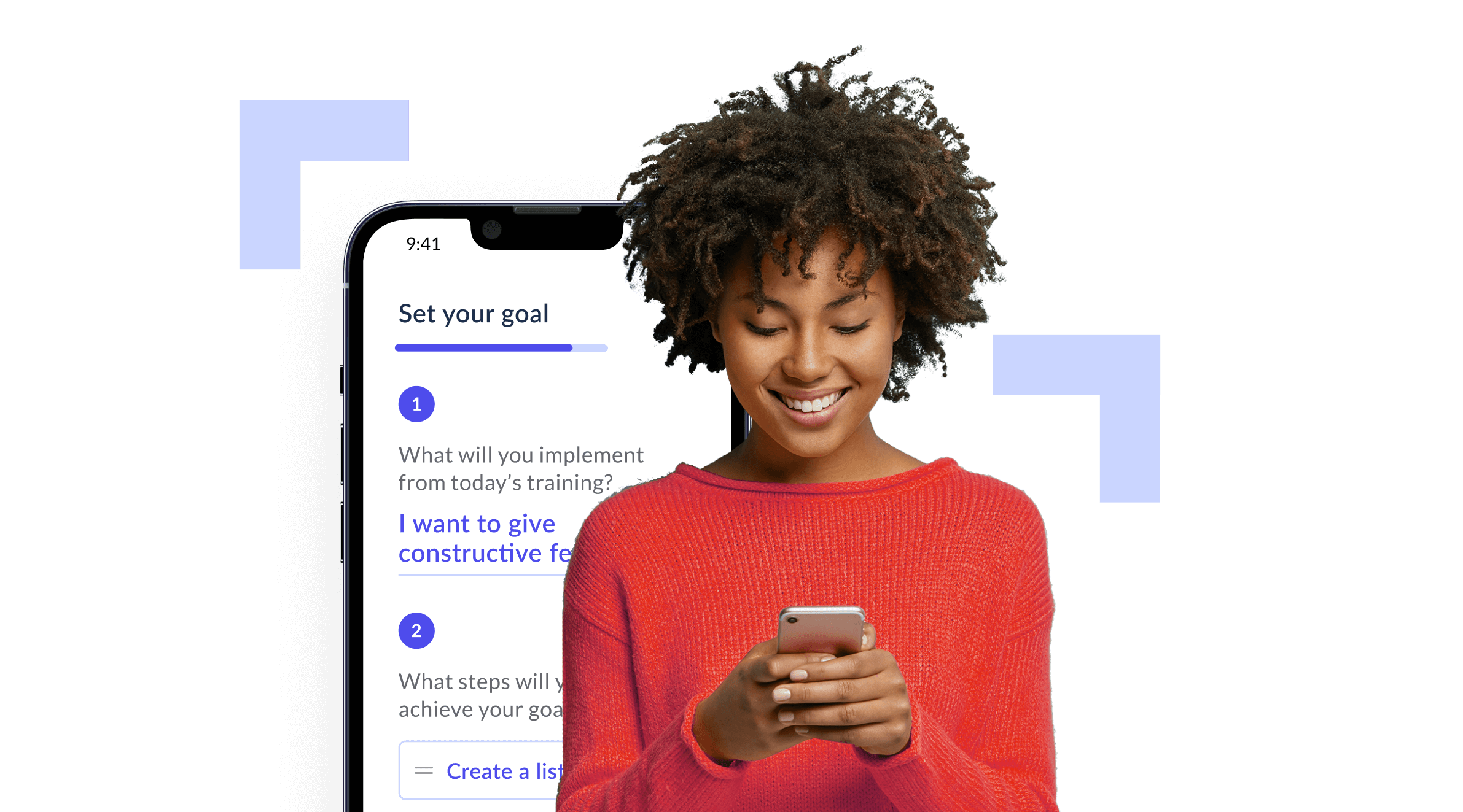 Smiling woman in a red sweater using a smartphone with a partially visible phone screen showing a 'Set your goal' app interface in the background.