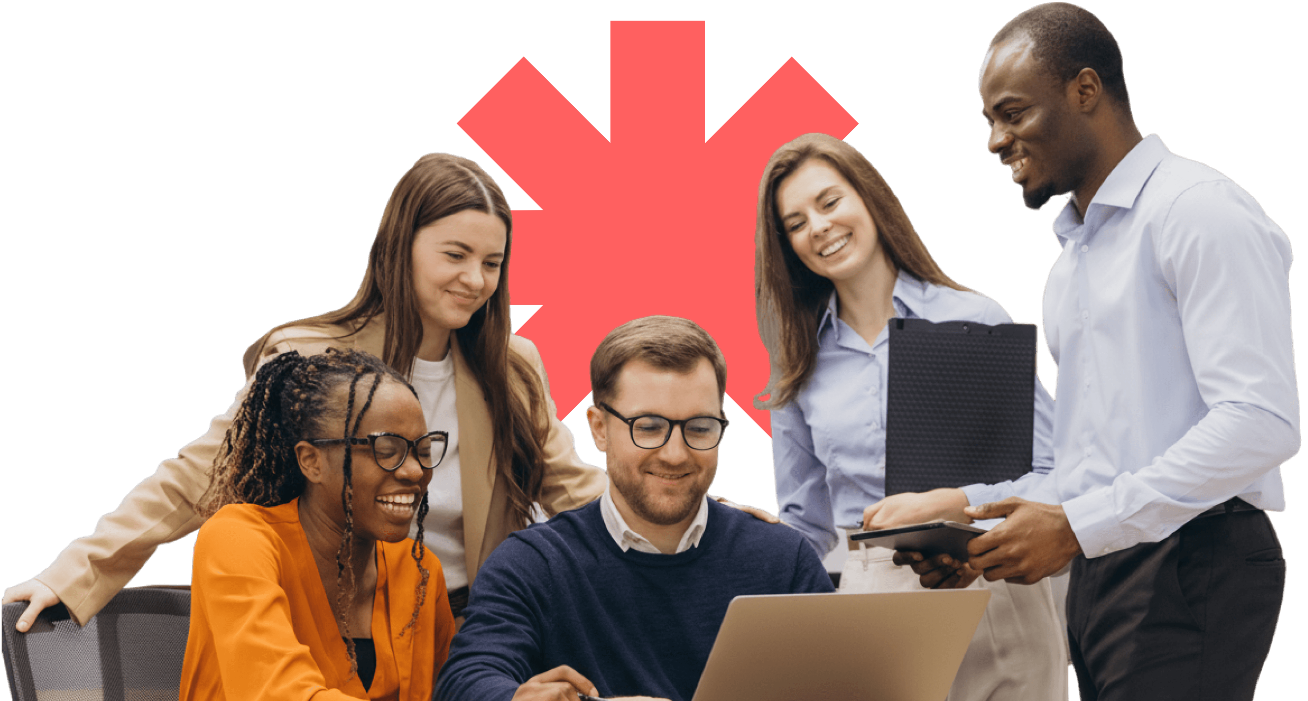 Group of four diverse young professionals collaborating around a laptop, smiling and working together, with a red starburst shape in the background.