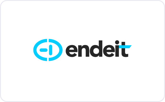 Endeit company logo with a stylized blue icon and black and blue text on a black background.
