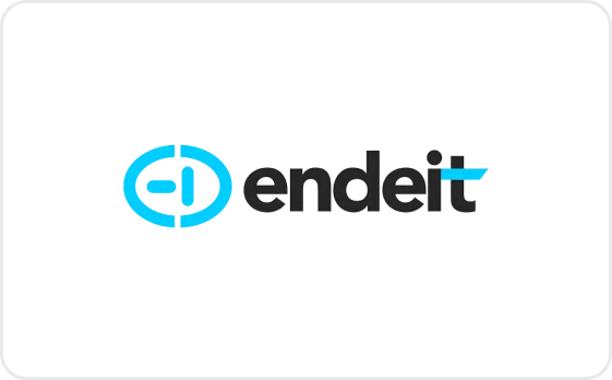 Endeit company logo with a stylized blue icon and black and blue text on a black background.