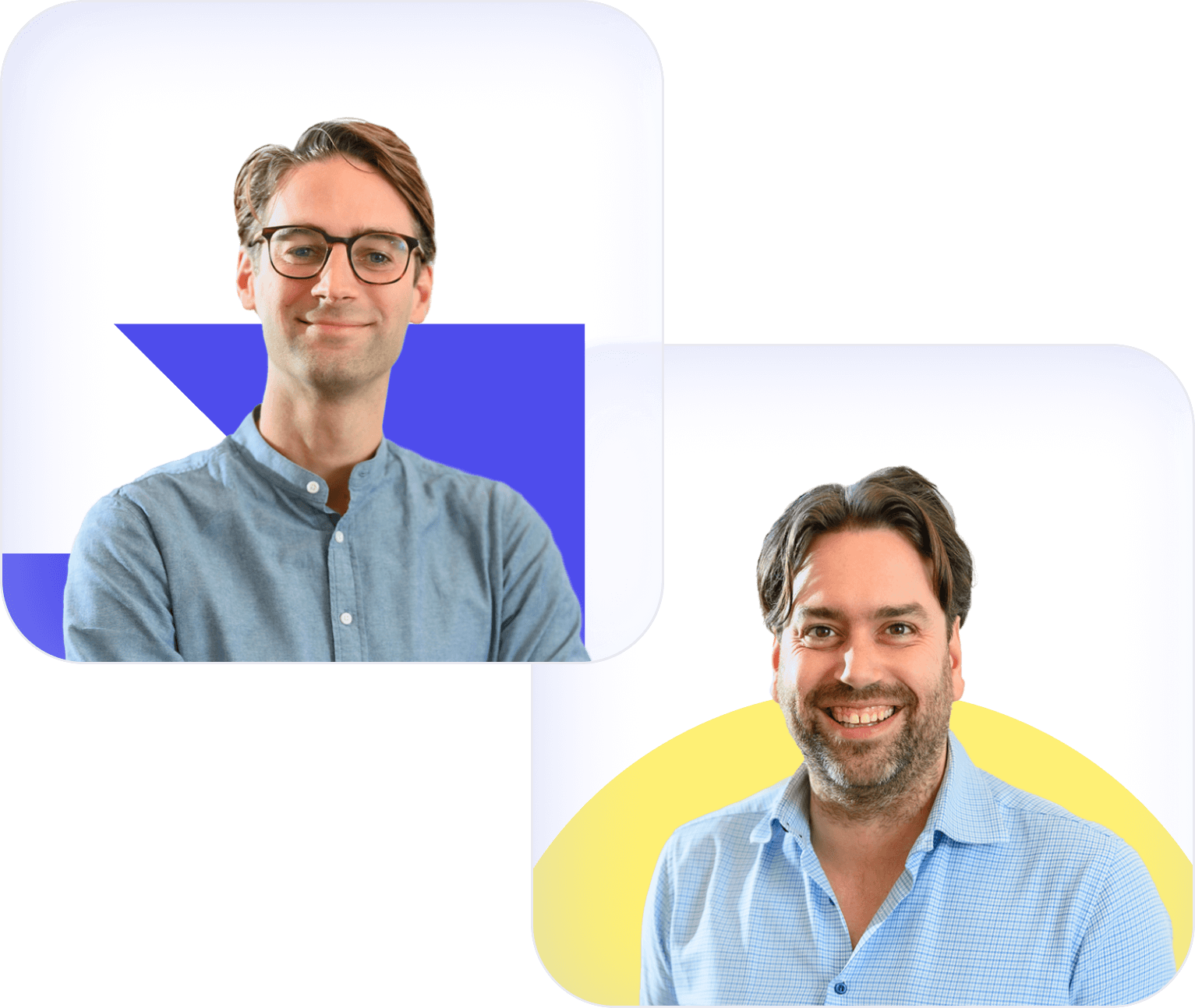 Two men smiling; the man on the left wears glasses and a blue shirt with a blue geometric background, the man on the right has a beard and a light blue checkered shirt with a yellow semi-circle background.