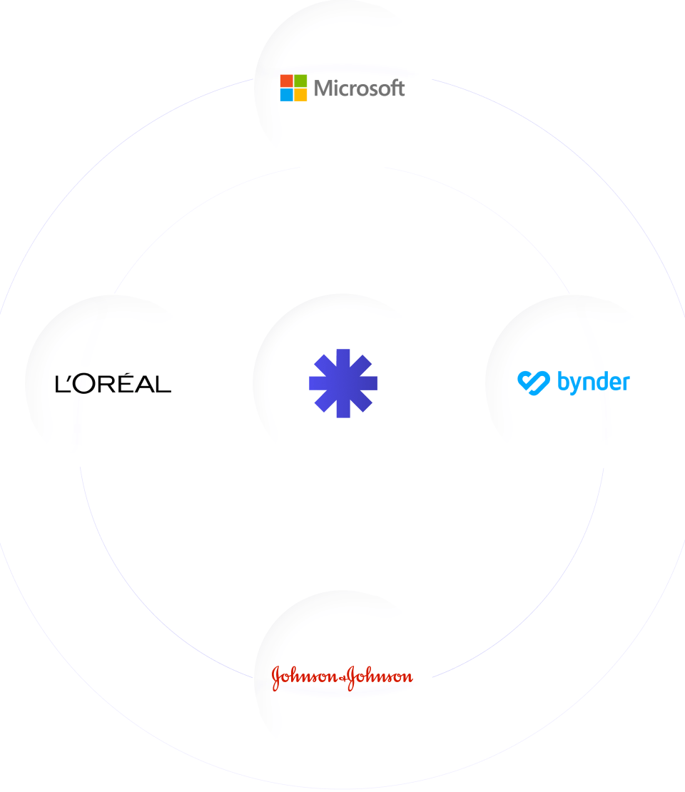 Logos of Microsoft, L'Oréal, Bynder, and Johnson & Johnson arranged around a central blue asterisk symbol.