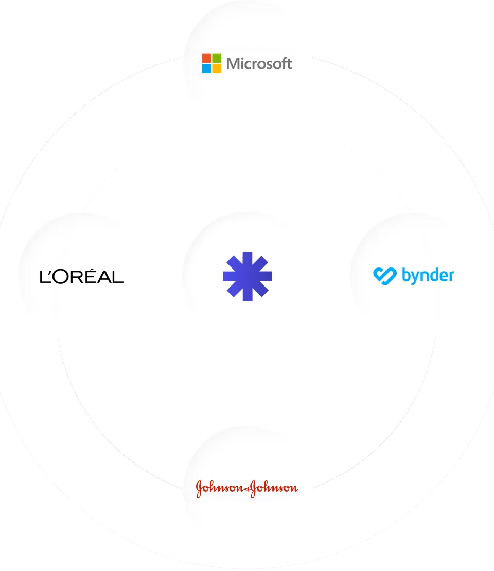 Logos of Microsoft, L'Oréal, Bynder, and Johnson & Johnson arranged around a central blue asterisk symbol.