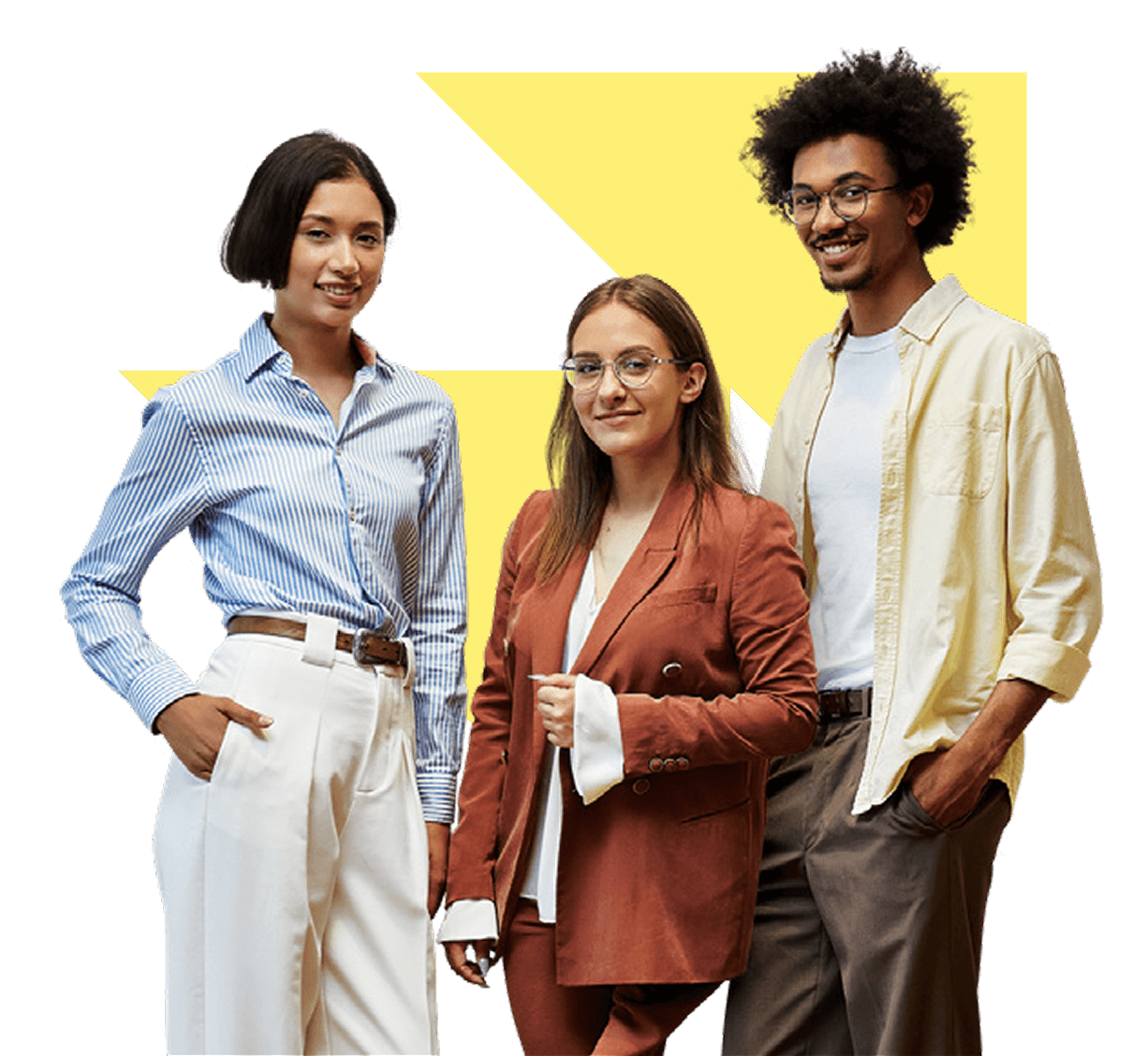 Three young adults smiling, one in white trousers and striped shirt, one in rust-colored suit, and one in beige shirt and gray pants.
